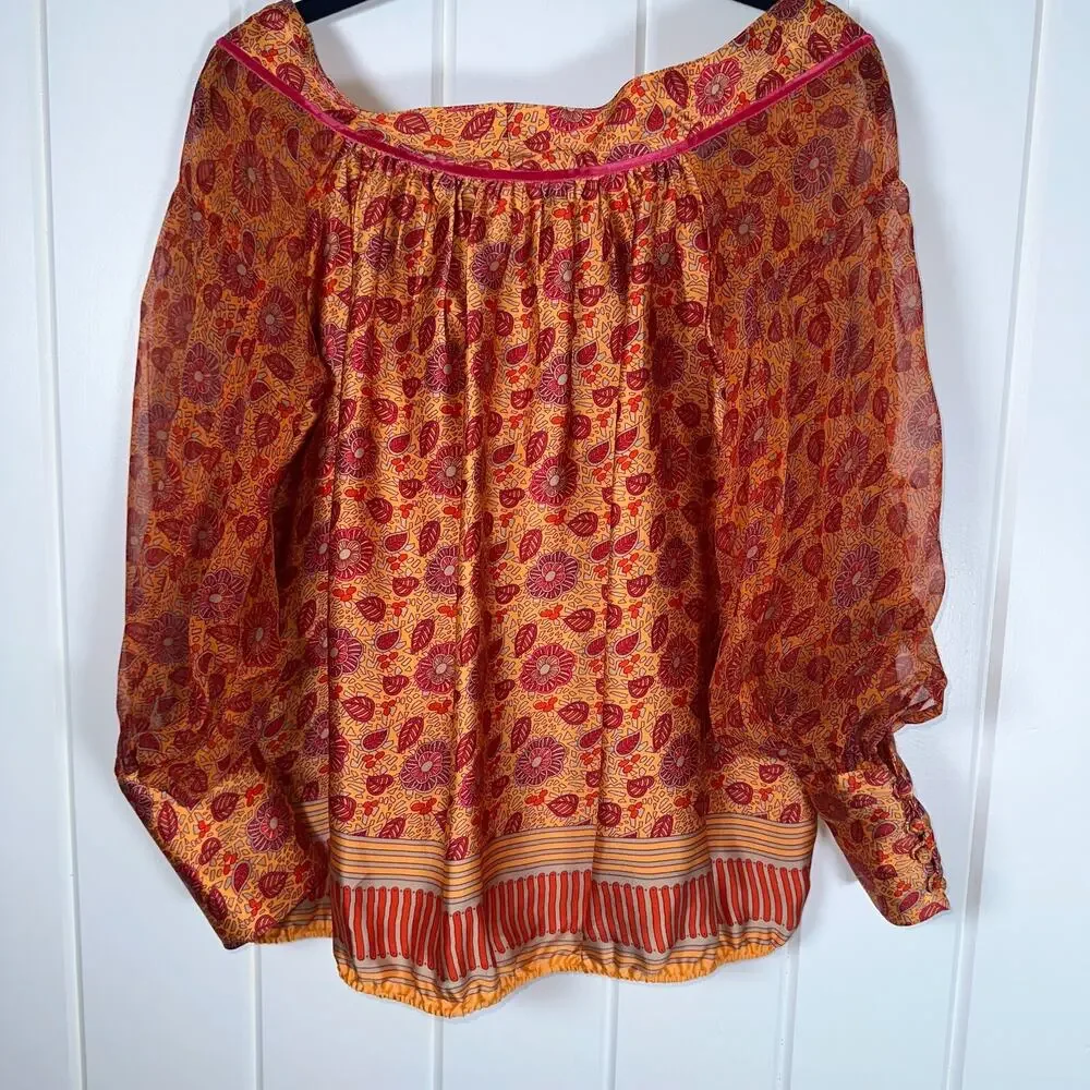 Lolita‎ Jaca St Barth Top Womens Small Silk Long Sleeve Orange/Red Elastic Waist - Picture 2 of 9